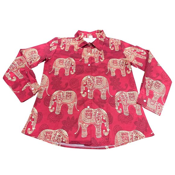 CCC Vintage Red Elephant Print Long Sleeve Button Up Shirt Stylish Travel India - Picture 5 of 8